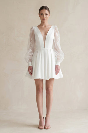 Lace V - Neck A - Line Satin Wedding Dress With Long Sleeves in White - KissProm Wedding Dresses