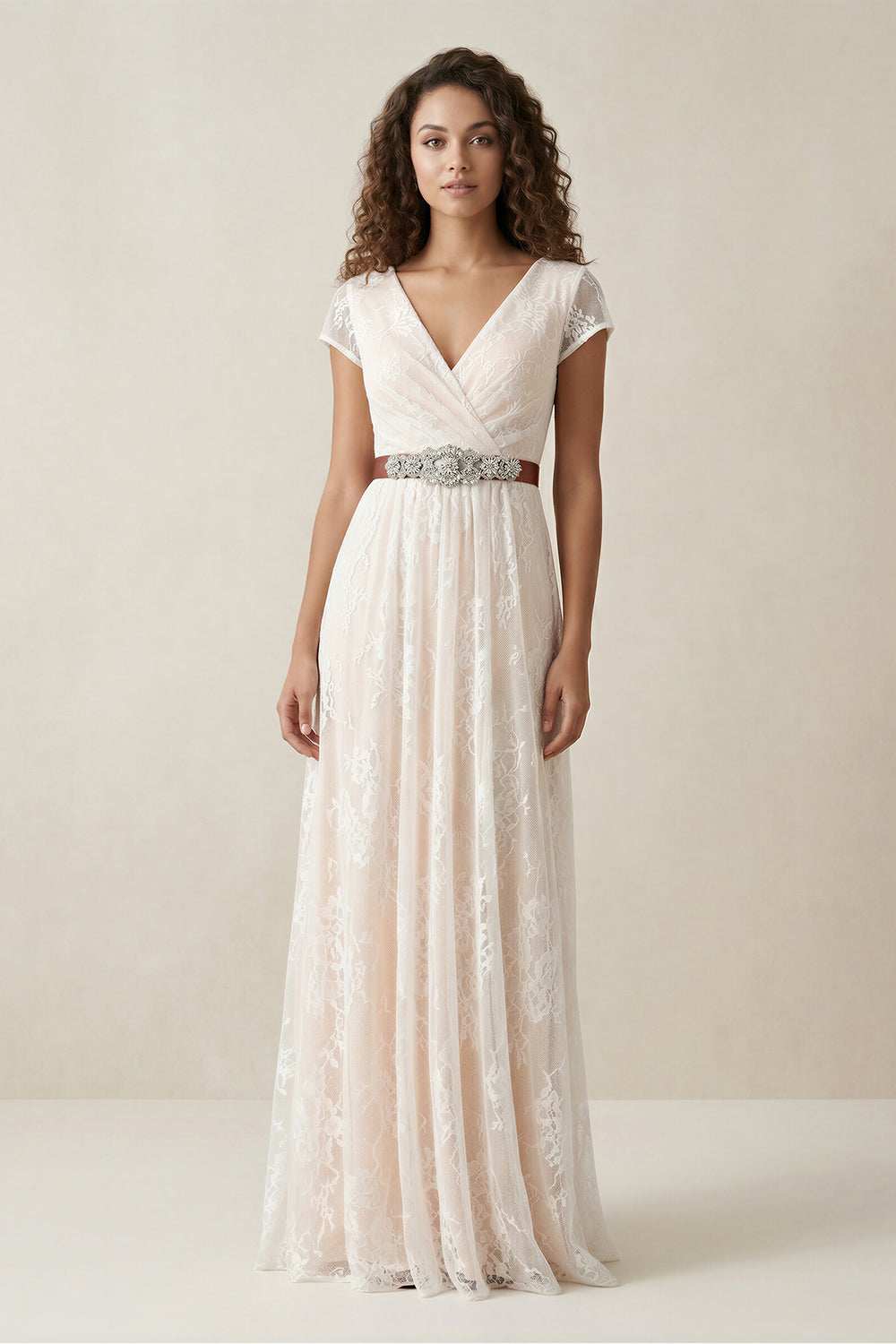 Short Sleeve V-neck Pleated Long Lace Wedding Dress – Wedding Dresses by KissProm | Available at KissProm