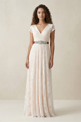 Short Sleeve V-neck Pleated Long Lace Wedding Dress – Wedding Dresses by KissProm | Available at KissProm