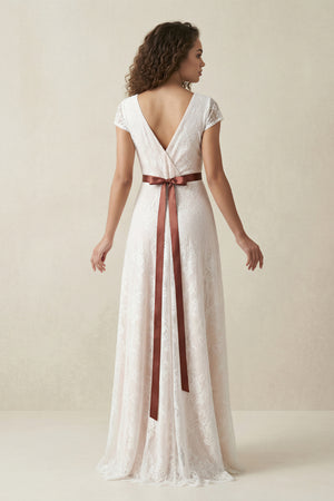 Short Sleeve V-neck Pleated Long Lace Wedding Dress – Wedding Dresses by KissProm | Available at KissProm