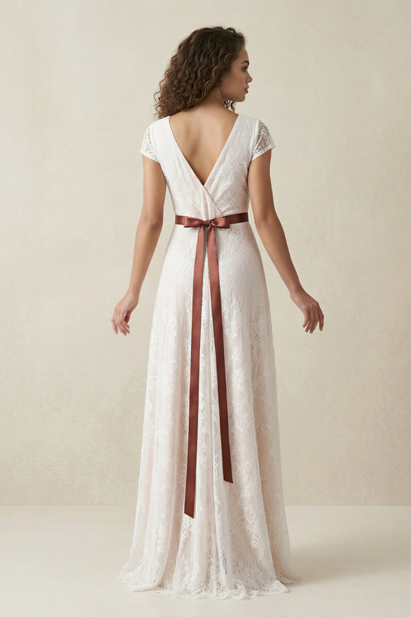 Short Sleeve V-neck Pleated Long Lace Wedding Dress – Wedding Dresses by KissProm | Available at KissProm