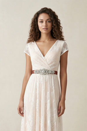 Short Sleeve V-neck Pleated Long Lace Wedding Dress – Wedding Dresses by KissProm | Available at KissProm