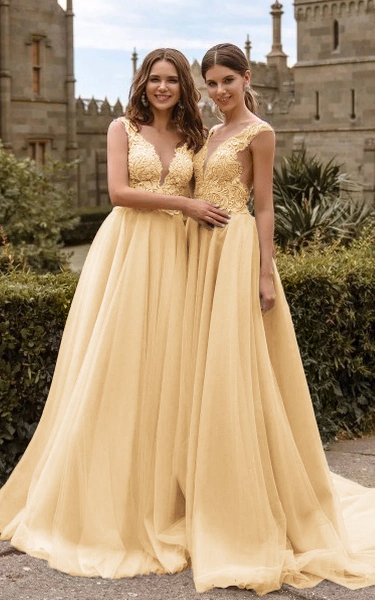 chinese dress ladies Lace V Neck Bridesmaid Dresses Sexy Illusion Back Tulle Dresses Yellow / 10