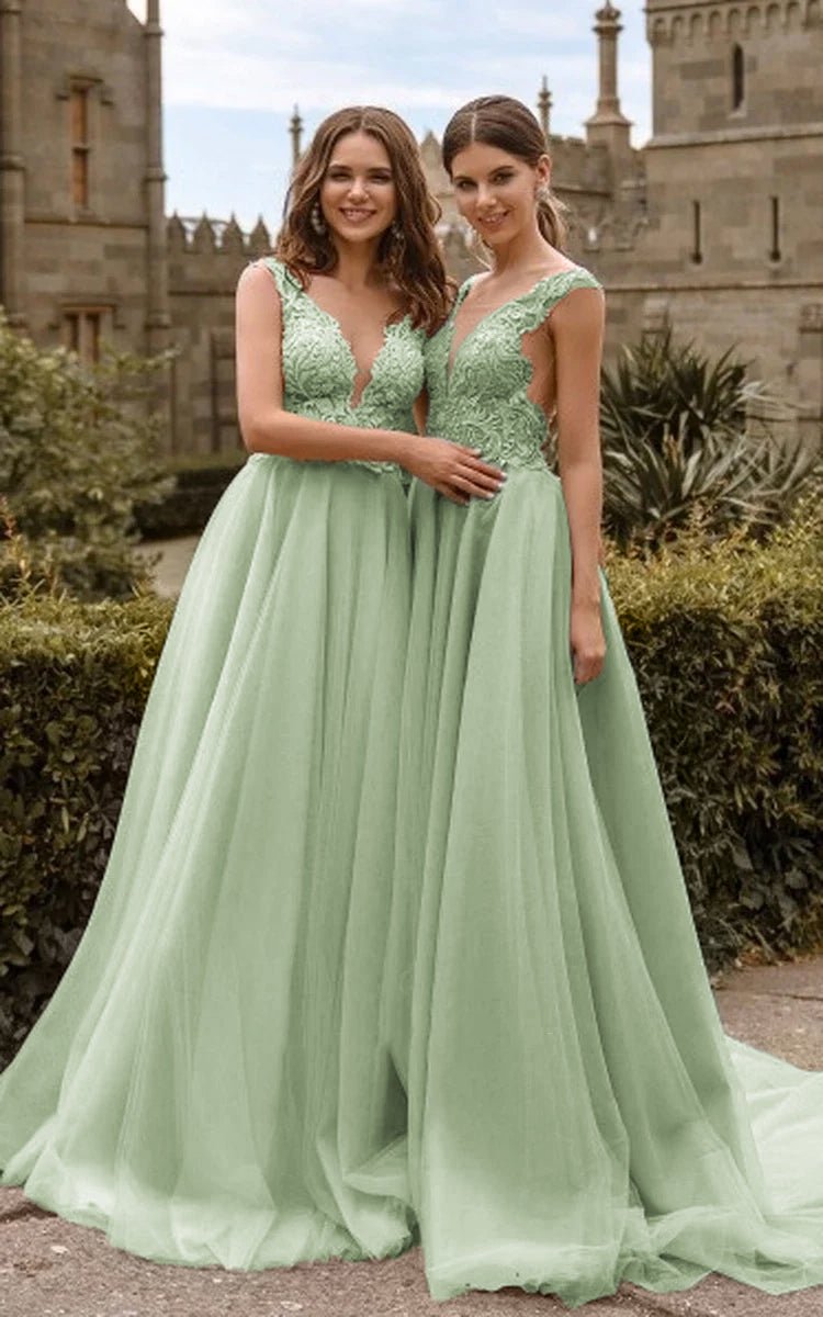 chinese dress ladies Lace V Neck Bridesmaid Dresses Sexy Illusion Back Tulle Dresses Green / Custom Size