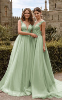 Lace V Neck Bridesmaid Dresses Sexy Illusion Back Tulle Dresses Green / Custom Size