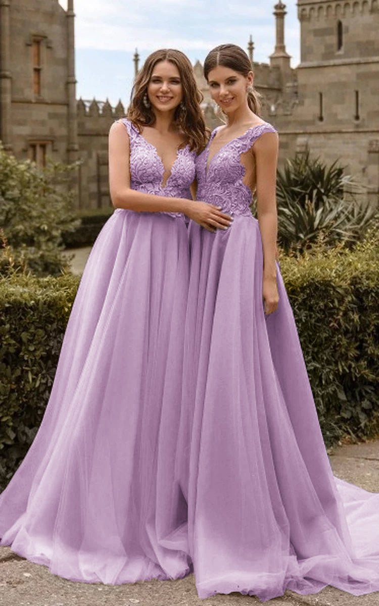Lace V Neck Bridesmaid Dresses Sexy Illusion Back Tulle Dresses Lavender / 16 Lace V Neck Bridesmaid Dresses Sexy Illusion Back Tulle Dresses Lavender / 16
