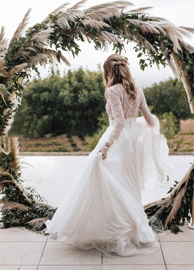 knee length dresses for ladies Boho wedding dress with long sleeves – Tulip Bridal main image 1