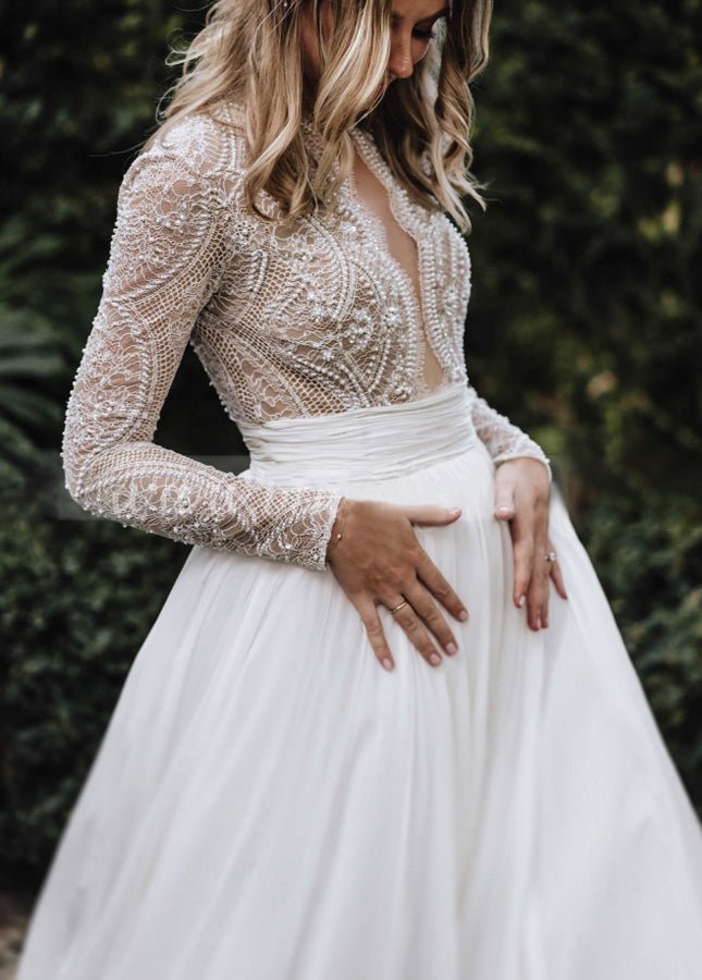 chinese dress ladies Luxurious Lace Beading Long Sleeves A-Line Pleated Tulle Wedding Dresses Diamond White / 18