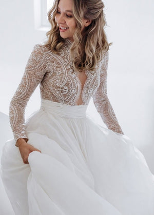 knee length dresses for ladies BABARONI Long Sleeves Ivory Lace Deep Nude Lining Boho Dresses-As Picture, As Picture / US0 main image 1