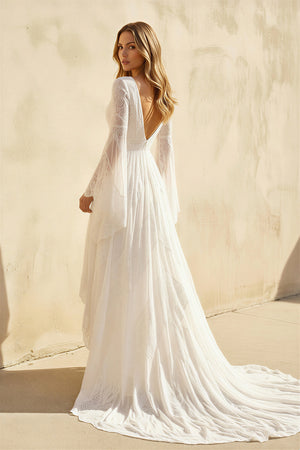 Simple Casual Long Sleeves Boho Lace Wedding Dress With Sweep Train