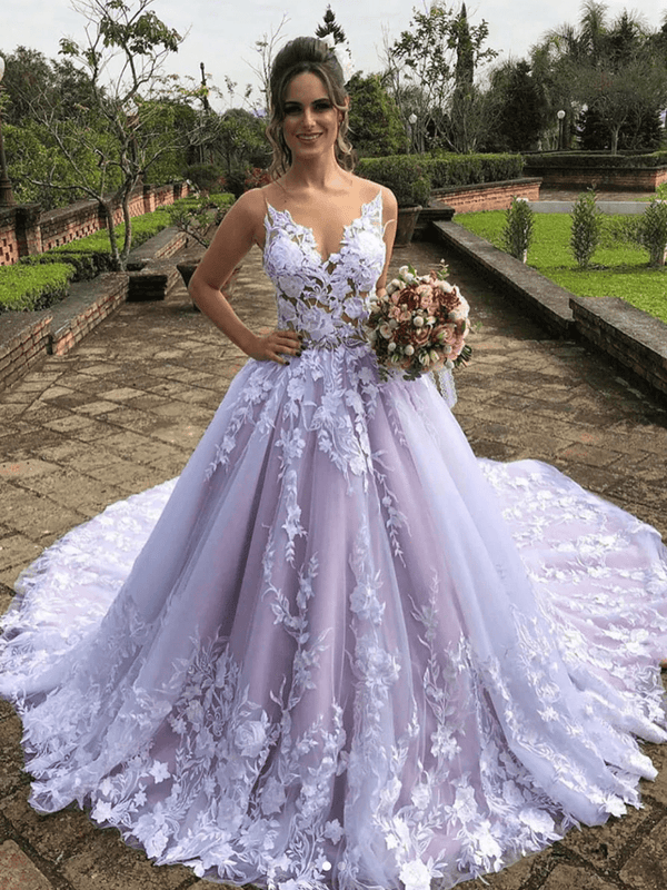 Light Purple Sleeveless A Line V-Neck Lace Wedding Dresses, Purple / 10