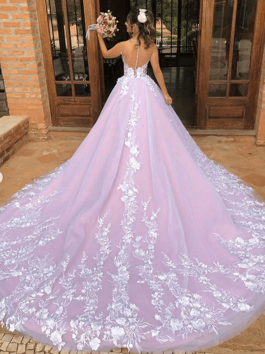Melania | Light Purple Sleeveless A Line V-Neck Lace Wedding Dresses