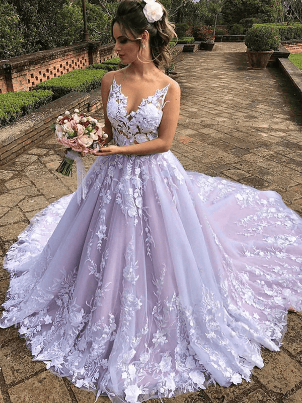 KissProm Light Purple Sleeveless A Line V-Neck Lace Wedding Dresses, Purple / 10