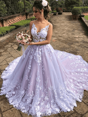 Light Purple Sleeveless A Line V-Neck Lace Wedding Dresses – Wedding Dresses by KissProm | Available at KissProm