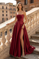 Lachlan | Satin A-Line Scoop Empire-Waist Pleated Satin High Slit Formal Prom Dress – Prom Dresses by KissProm | Available at KissProm