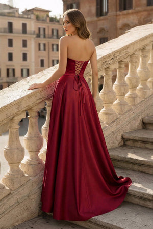 Lachlan | Satin A-Line Scoop Empire-Waist Pleated Satin High Slit Formal Prom Dress – Prom Dresses by KissProm | Available at KissProm