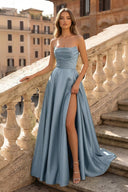 Lachlan | Satin A-Line Scoop Empire-Waist Pleated Satin High Slit Formal Prom Dress – Prom Dresses by KissProm | Available at KissProm