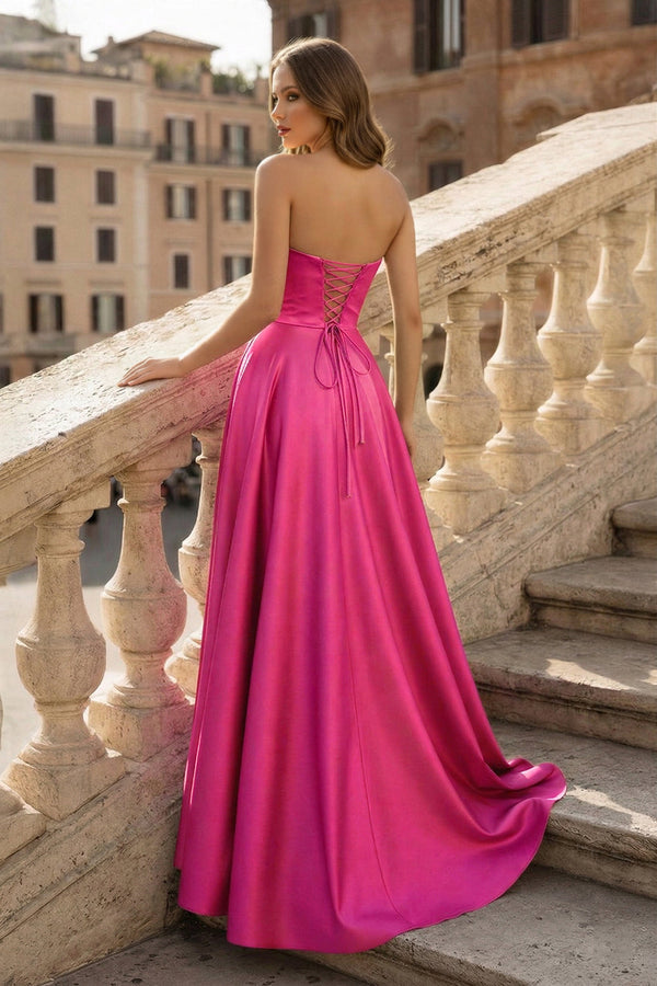 Lachlan | Satin A-Line Scoop Empire-Waist Pleated Satin High Slit Form
