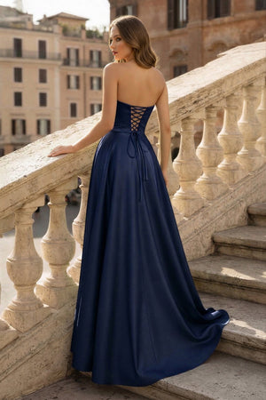 Lachlan | Satin A-Line Scoop Empire-Waist Pleated Satin High Slit Formal Prom Dress – Prom Dresses by KissProm | Available at KissProm