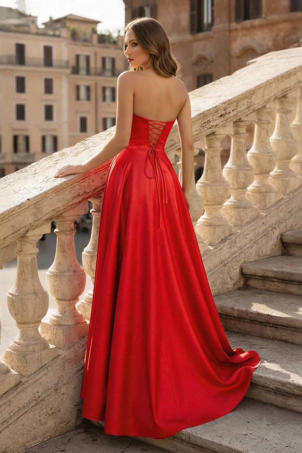 Lachlan | Satin A-Line Scoop Empire-Waist Pleated Satin High Slit Formal Prom Dress Red / 12 Lachlan | Satin A-Line Scoop Empire-Waist Pleated Satin High Slit Formal Prom Dress Red / 12