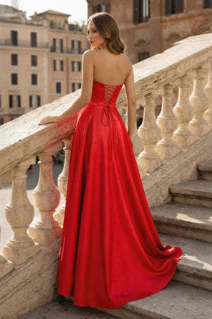 Lachlan | Satin A-Line Scoop Empire-Waist Pleated Satin High Slit Formal Prom Dress – Prom Dresses by KissProm | Available at KissProm