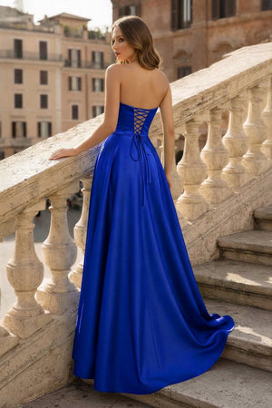 Lachlan | Satin A-Line Scoop Empire-Waist Pleated Satin High Slit Formal Prom Dress – Prom Dresses by KissProm | Available at KissProm