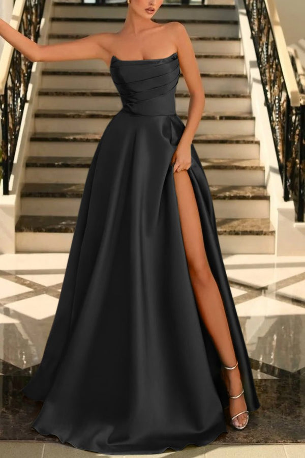 Lachlan | Satin A-Line Scoop Empire-Waist Pleated Satin High Slit Formal Prom Dress
