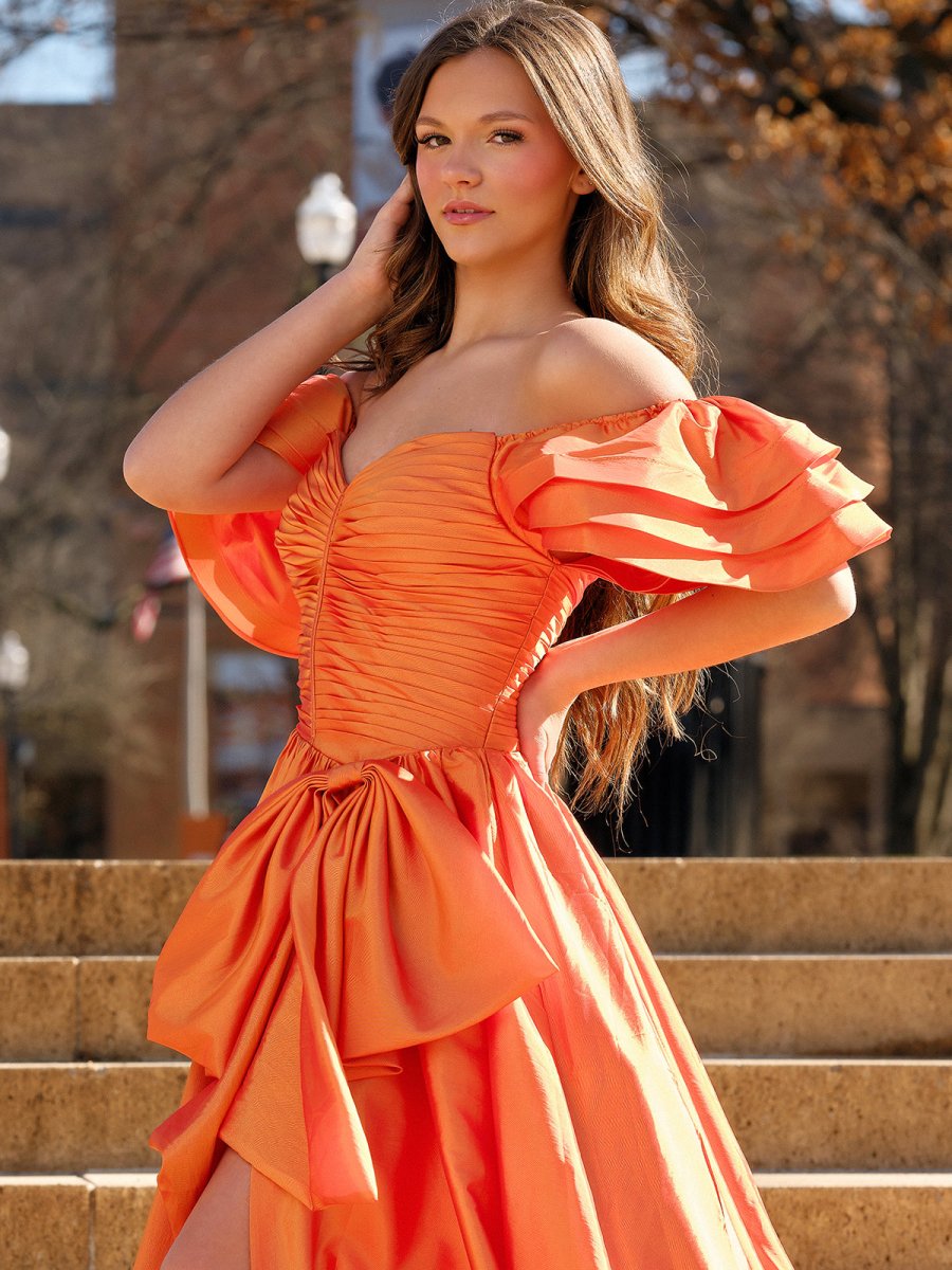 Orange Sweetheart Pleated A-Line Prom Dress With Bow
