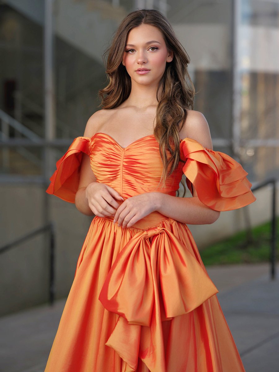 strapless open back dress Orange Sweetheart Pleated A-Line Prom Dress With Bow