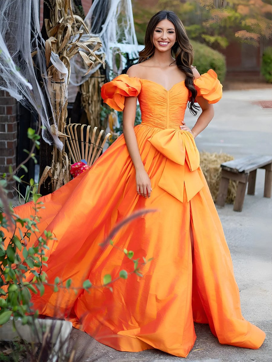 Lael | Orange Sweetheart Pleated A-Line Prom Dress With Bow