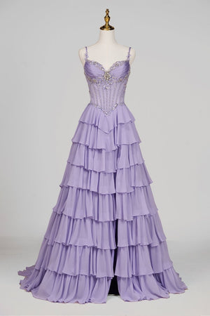 Laerith | Lilac - Sweetheart Chiffon Ruffled A Line Long Formal Prom Dresses With Beading - KissProm