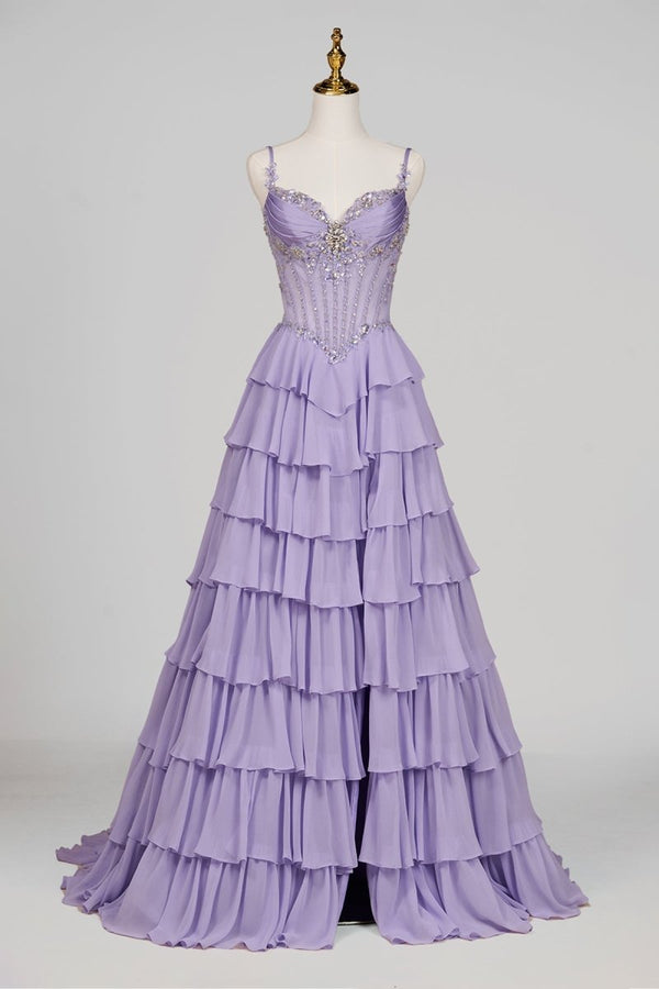 Laerith | Lilac - Sweetheart Chiffon Ruffled A Line Long Formal Prom Dresses With Beading - KissProm