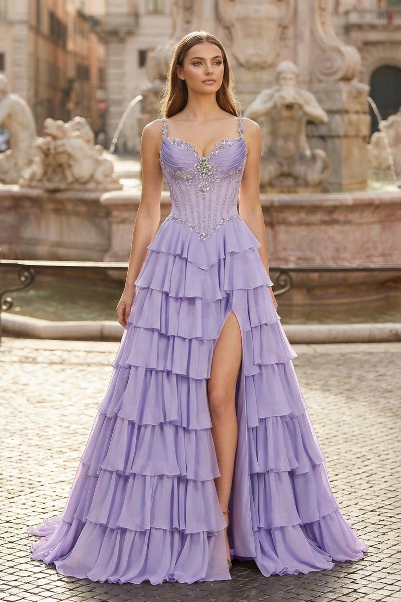 KissProm Lilac Spaghetti Straps Chiffon Ruffled A Line Long Formal Prom Dresses With Beading, Lilac / 00