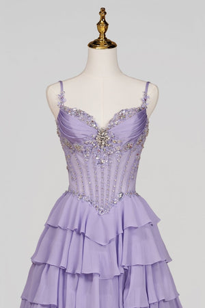 Laerith | Lilac - Sweetheart Chiffon Ruffled A Line Long Formal Prom Dresses With Beading - KissProm