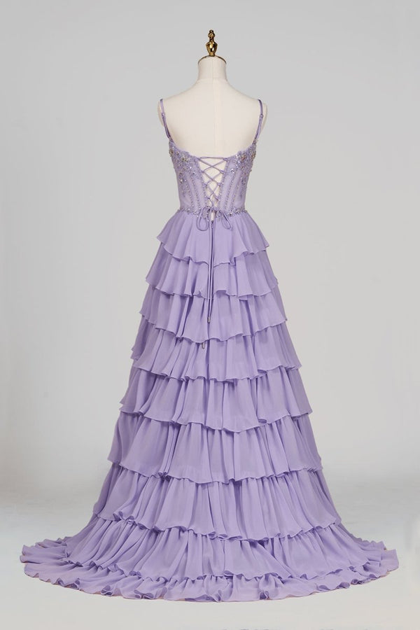 Laerith | Lilac - Sweetheart Chiffon Ruffled A Line Long Formal Prom Dresses With Beading - KissProm