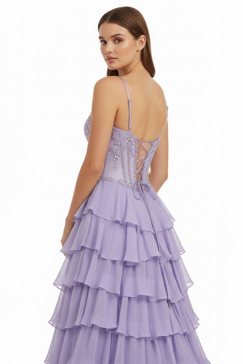Lilac Spaghetti Straps Chiffon Ruffled A Line Long Formal Prom Dresses