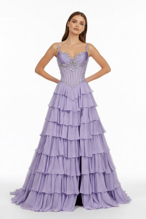 Laerith | Lilac - Sweetheart Chiffon Ruffled A Line Long Formal Prom Dresses With Beading - KissProm