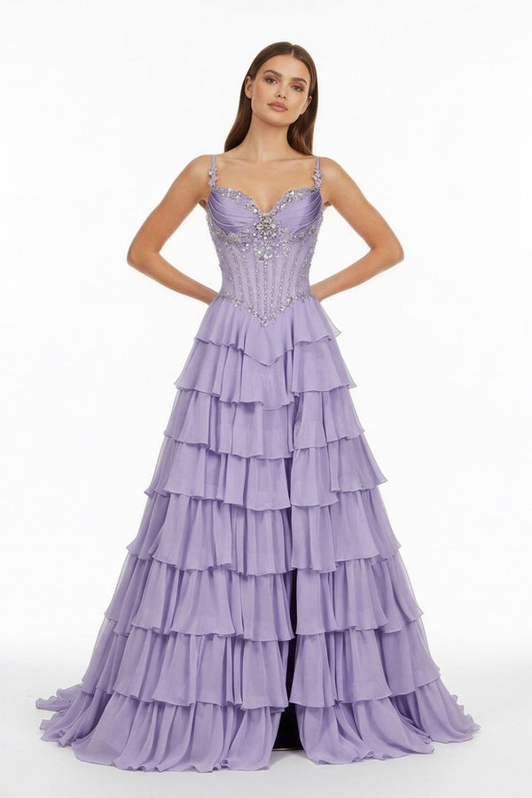 Laerith | Lilac - Sweetheart Chiffon Ruffled A Line Long Formal Prom Dresses With Beading - KissProm