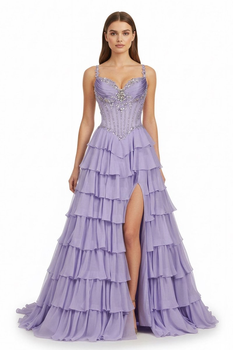 Laerith | Lilac - Sweetheart Chiffon Ruffled A Line Long Formal Prom Dresses With Beading - KissProm