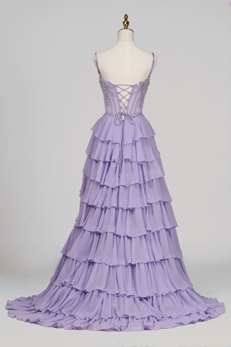 Laerith | Lilac - Sweetheart Chiffon Ruffled A Line Long Formal Prom Dresses With Beading - KissProm