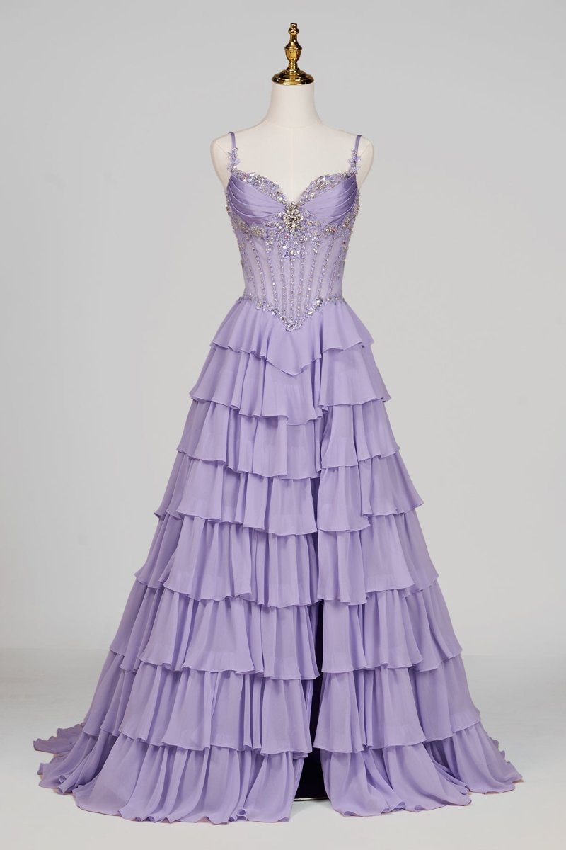 Laerith | Lilac - Sweetheart Chiffon Ruffled A Line Long Formal Prom Dresses With Beading - KissProm