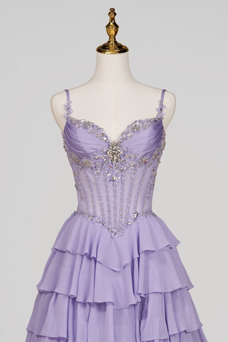 Laerith | Lilac - Sweetheart Chiffon Ruffled A Line Long Formal Prom Dresses With Beading - KissProm