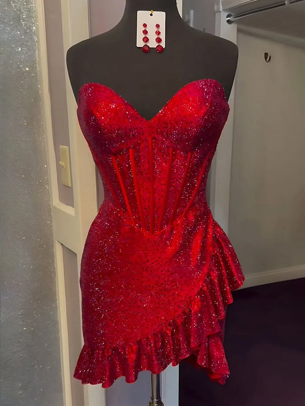 Lalita | Red - Strapless Beaded Bodycon Short Homecoming Dress With Ruffles