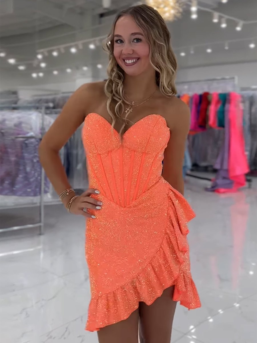 Lalita | Orange - Strapless Beaded Bodycon Short Homecoming Dress With Ruffles