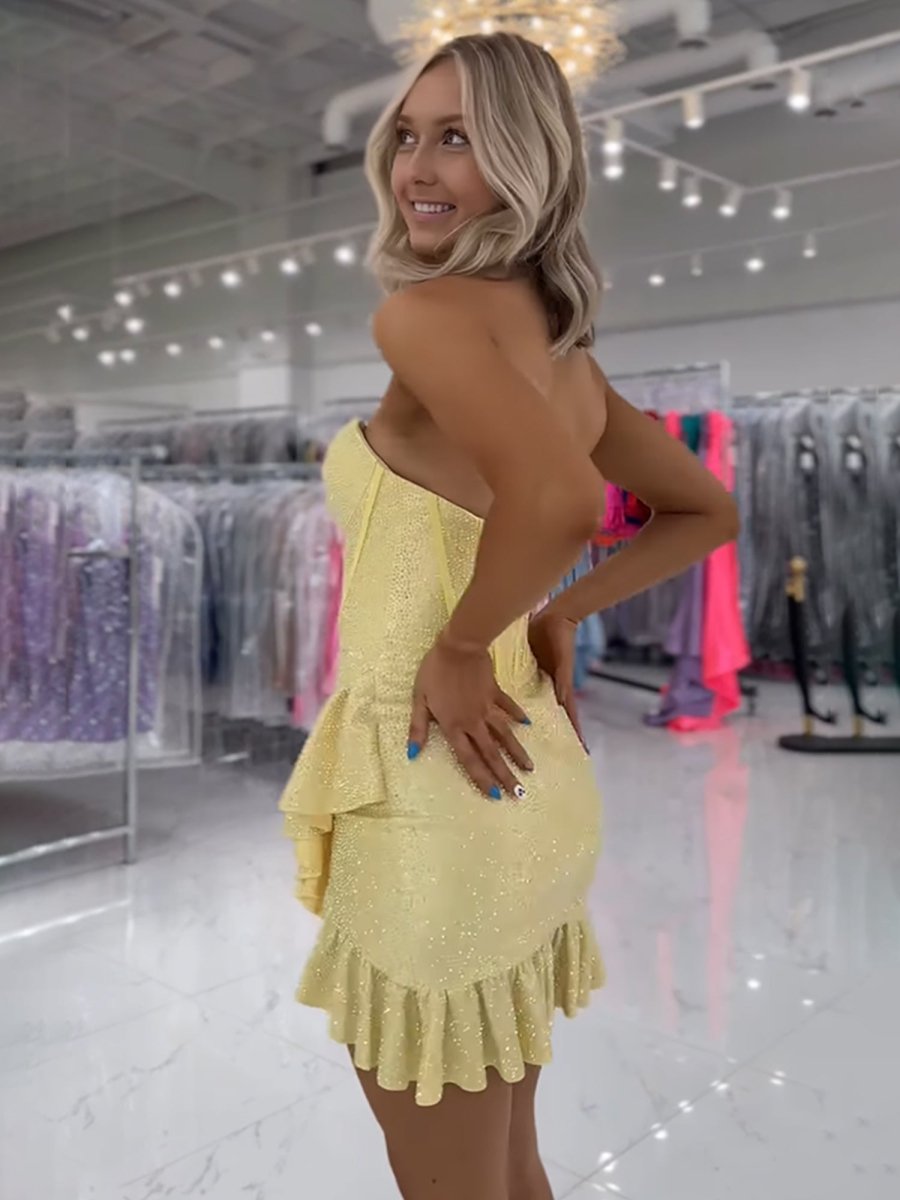 Lalita | Yellow - Strapless Beaded Bodycon Short Homecoming Dress With Ruffles