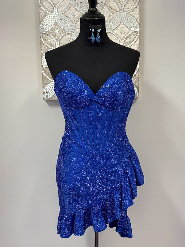 Lalita | Royal Blue - Strapless Beaded Bodycon Short Homecoming Dress With Ruffles