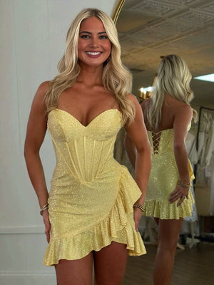 Lalita | Yellow - Strapless Beaded Bodycon Short Homecoming Dress With Ruffles