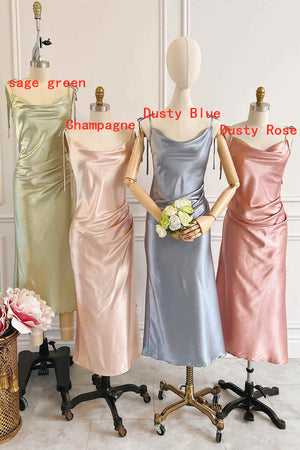 slim fit dress slacks Gold Shiny Satin Mismatched Spaghetti Strap Sheath Bridesmaid Dresses, CB0153 US6 / Custom Color(Leaving A note) / A main image 0