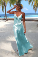Lapis | Sky Blue - V Neck Sheath Satin Backless Long Formal Prom Dresses With Flower - KissProm