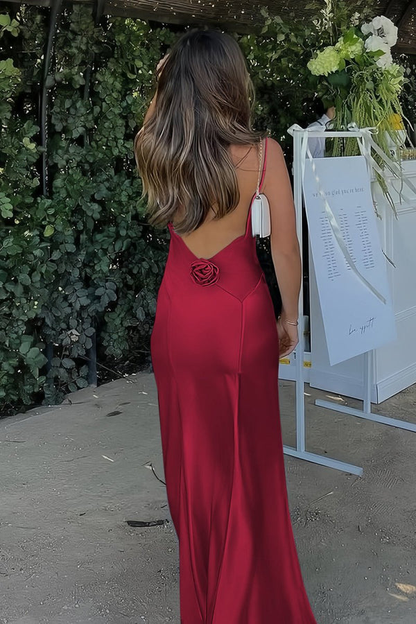 KissProm Sky Blue Spaghetti Straps Sheath Satin Backless Long Formal Prom Dresses With Flower, Pink / 10